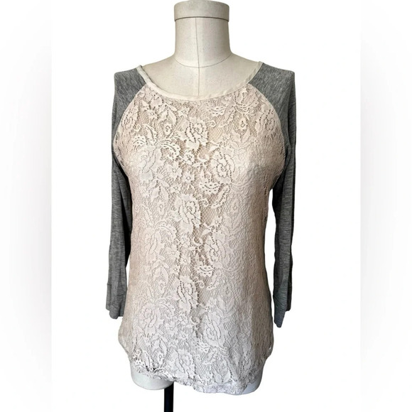 Market & Spruce Bernadette Lace Overlay Raglan Top, lace baseball tee size small - Picture 7 of 10